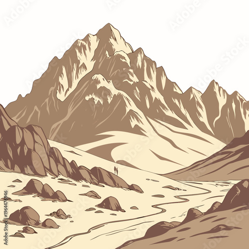 Sepiatoned illustration of a desert mountain range with a winding river and rocky terrain
