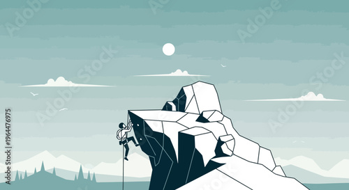 Climber on rocky mountain peak with rope