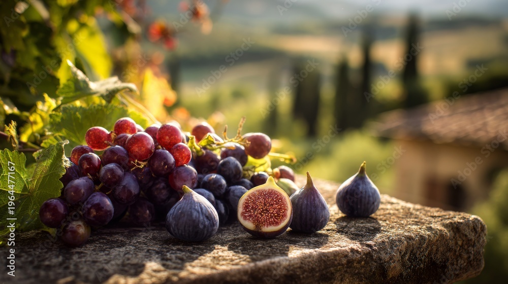 Naklejka premium Fresh Grapes and Figs Displayed on Rustic Stone Surface with Green Hills in Background