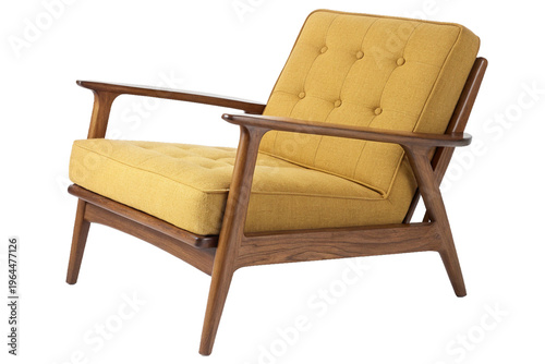 Mid-century modern lounge chair in yellow fabric isolated, vintage armchair with wooden frame for living room or nice office decor