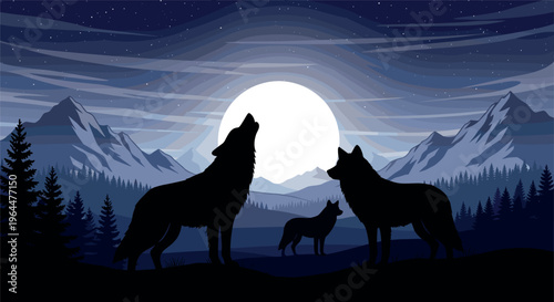 Wolf silhouettes howling at full moon in mountain forest landscape with night sky stars and wilderness nature scene