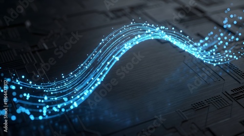 Abstract blue light wave flowing over a digital circuit board representing data transfer and technology