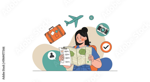 Young woman planning travel adventure with map and luggage.