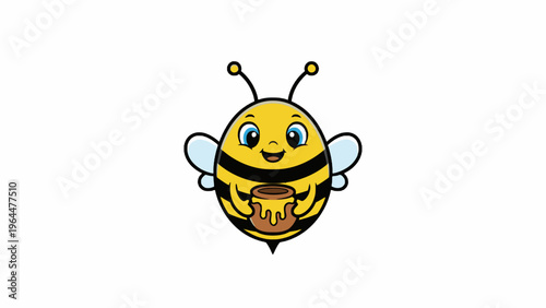 Honey bee cartoon character holding honey pot on white background