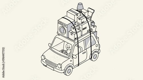 Man Driving Car Overloaded with Household Goods and Boxes