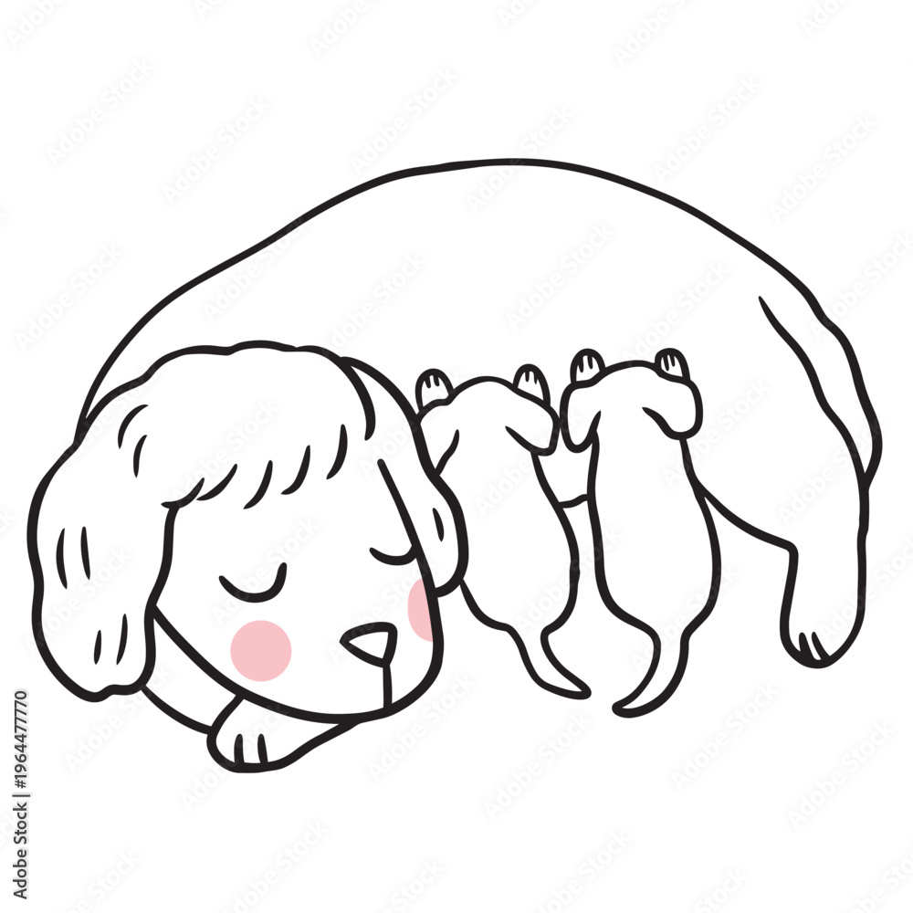 Obraz premium Mother Dog Nursing Puppies Illustration.