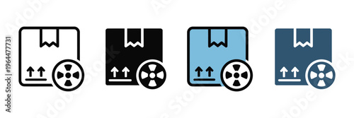 Cardboard box with radiation hazard symbol icon set, minimal vector for dangerous goods shipping, toxic material handling, and hazardous logistics.