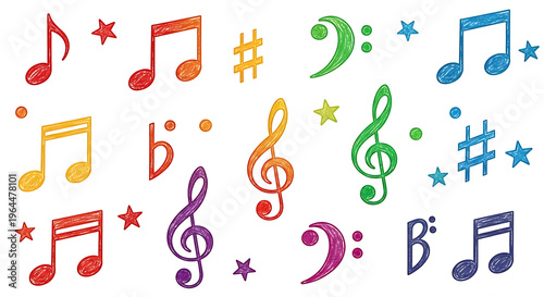 Childrens music education background with hand drawn melodic icons