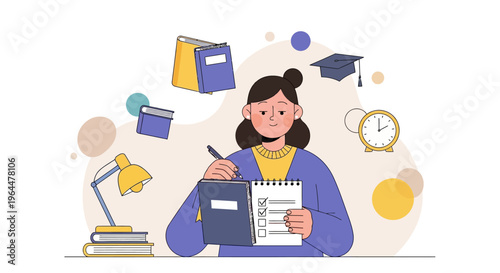 Young woman studying, making notes, surrounded by educational elements.