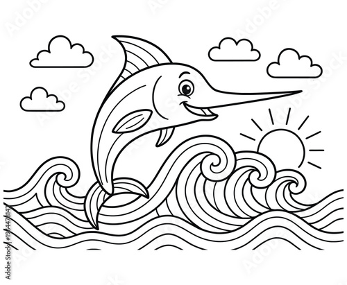 Cartoon marlin jumping out of ocean waves with sun in background, fun sea creature.