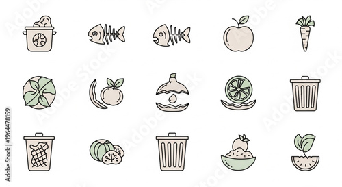 Organic Waste and Composting Color Line Icon Set