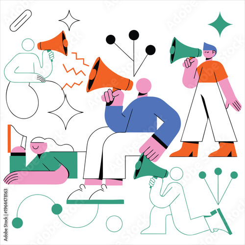 Creative vector illustration of people using megaphones to spread messages and create awareness.