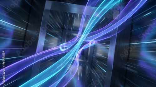 Abstract blue and purple energy streams flowing through a futuristic geometric tunnel with light streaks