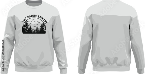 Eco friendly sweatshirt, save nature design, tree silhouette, bird flying graphic, front back view, fashion flat sketch, cad drawing flat vector illustration