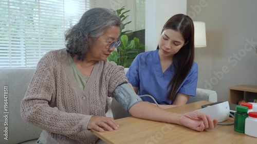 Caregiver elderly care home nurse healthcare support blood pressure monitor measure on senior arm at table with medicine, calm routine in living room, cuff check during gentle visit nurtures dignity