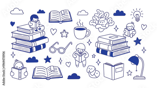Reading Collection Illustration: A whimsical illustration of a collection of reading-related objects, capturing the essence of literature, learning, and the joy of reading.