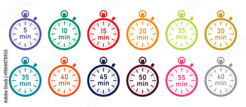Colorful Stopwatch vector icon set. A different five-minute increment, starting from 5 minutes and ending at 60 minutes.