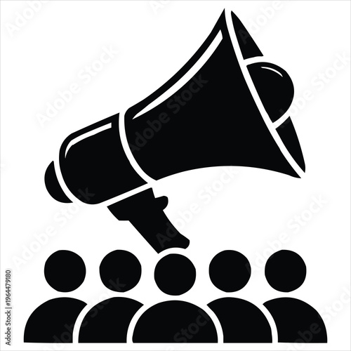 Silhouette of a megaphone broadcasting to a group of people, representing public announcement and attention.