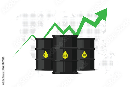 Crude oil barrel with up arrow showing rising price symbol. Vector illustration