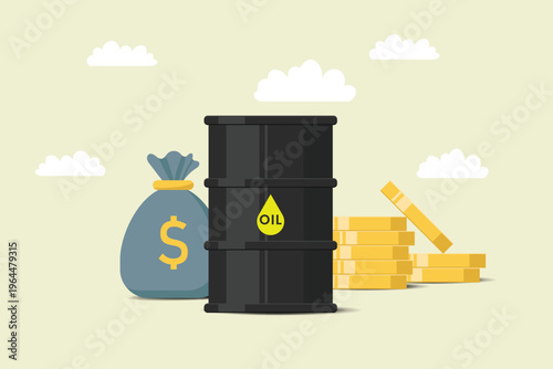 Oil barrel price with stack of gold coins. Oil market trend. Vector illustration.