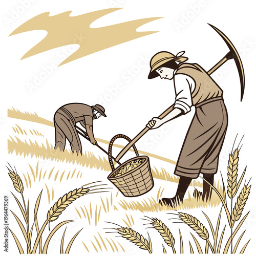 Two people harvesting wheat basket scythe