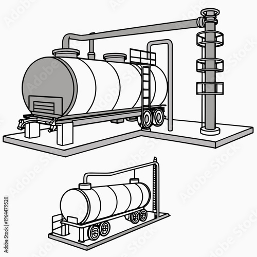 Industrial equipment with large cylindrical tanks and pipes
