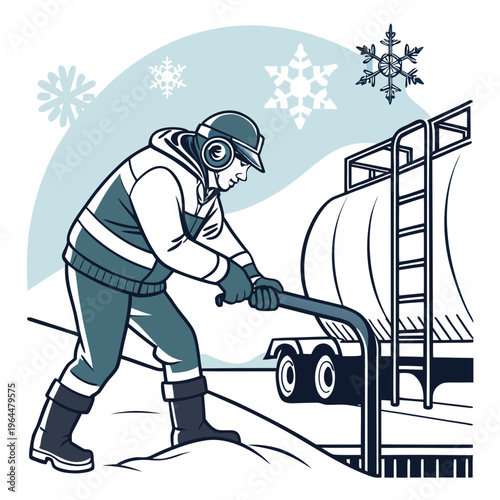 Man Pushing Fuel Tanker in Snow winter clothing boots