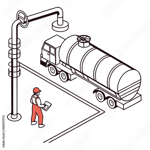 Isometric of worker and fuel truck tanker pipe