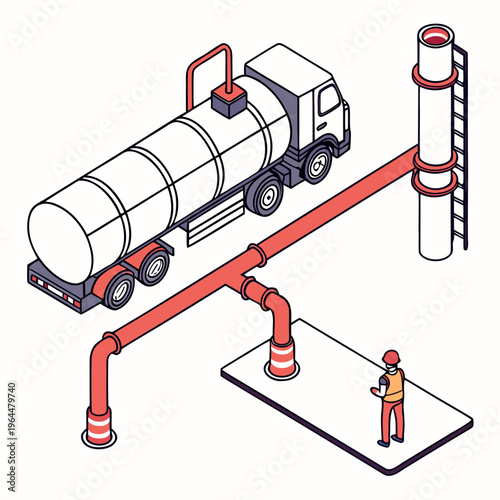 Isometric of worker and fuel truck piping tanker pipe