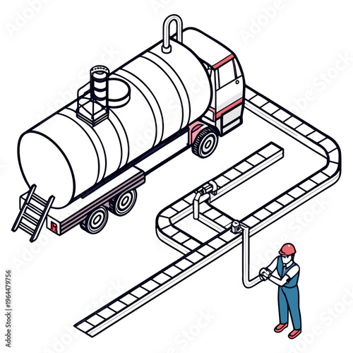 Isometric of worker with fuel truck tanker pipe