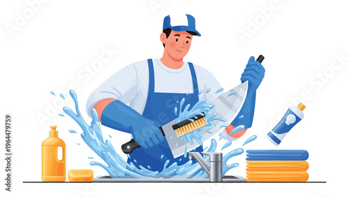 Sanitation at the Ready: An enthusiastic cleaner wields his cleaning tools to keep the place tidy, a symbol of spotless sanitation and hygiene.