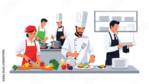 Culinary Artistry in Motion: Captures the vibrant energy of a bustling restaurant kitchen, where a team of skilled chefs collaboratively creates culinary masterpieces.