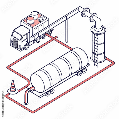 Isometric of oil tanker trucks and pipeline industrial