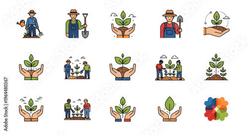 Planting tree and farmer colored outline icons,  A set of vector icons with colored outlines, depicting farmers, hands nurturing young plants, and environmental themes, Cultivators growth community.
