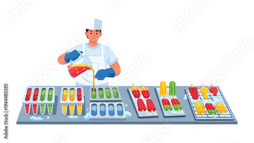 Artisan's Delight: A chef expertly crafts colorful frozen treats, pouring vibrant liquid into molds, signaling the beginning of deliciousness and sweet moments.