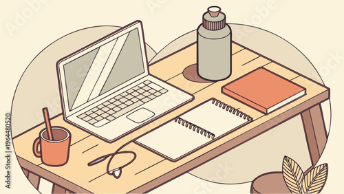 Minimal workspace illustration with laptop, notebook, coffee and office supplies in productivity concept