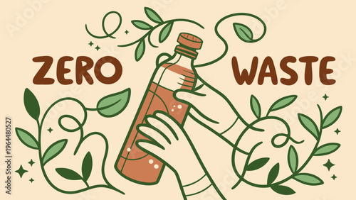 Minimal eco illustration with reusable bottle and hands surrounded by leaves in zero waste lifestyle concept