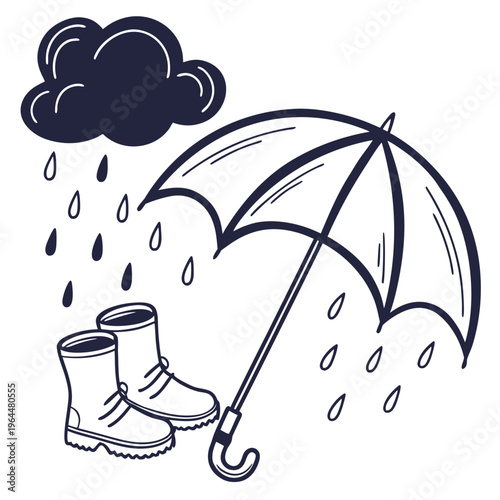 Rainy weather line art with umbrella, rain boots, and dark cloud, rain drops