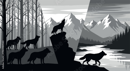 Wolf silhouettes in forest and mountain landscape with howling wolves river valley wilderness nature vector illustration scene