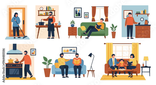 Collection of people engaged in various daily activities at home, illustrating different aspects of domestic life and leisure.
