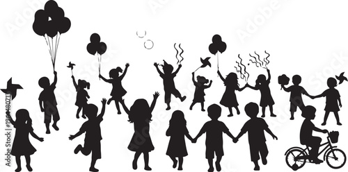 Black silhouettes of happy children, kids playing, balloon and toy icons, vector illustration set