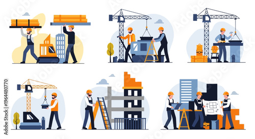 Construction workers building houses and buildings on a construction site.