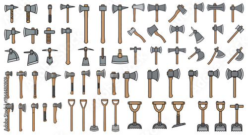 Axes shovels pickaxes and rakes collection, detailed color vector icon set of hand tools, Featuring a detailed collection of various axes, shovels, pickaxes, and garden rakes