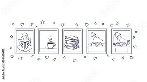 Reading Nook Silhouette: An enchanting array of silhouetted images depicts the serene atmosphere of a reading nook, evoking a sense of tranquility.