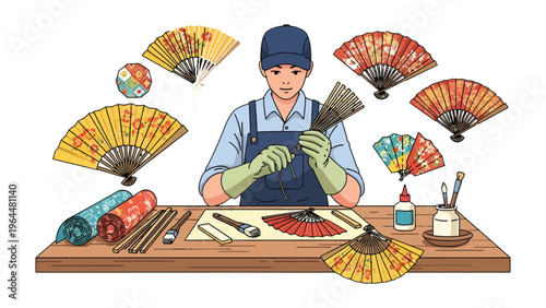 Craftsman Creating Decorative Fan: A skilled artisan meticulously crafting a decorative fan, surrounded by various materials and tools, highlighting the artistry and tradition.