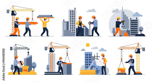 Construction workers building skyscrapers and modern structures.