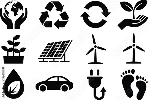 Collection of eco friendly and renewable energy silhouette icons set vector illustration isolated on white background