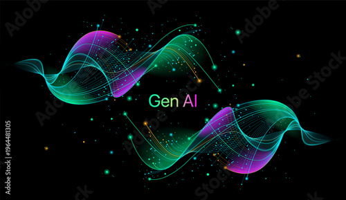 Illustration of abstract stream, AI brain concept. Artificial intelligence. Big data, technology, AI, data transfer, data flow, large language model, generative AI, LLM, NLP. NLG	