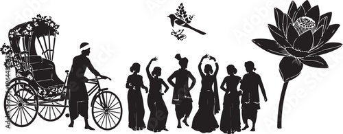 Black silhouettes, Victorian people, floral carriage, elegant women, lotus flower