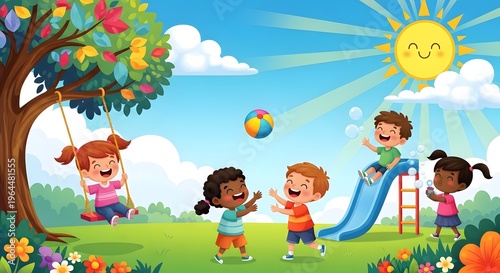 Happy children playing, kids outdoor fun, playground friends, sunny day